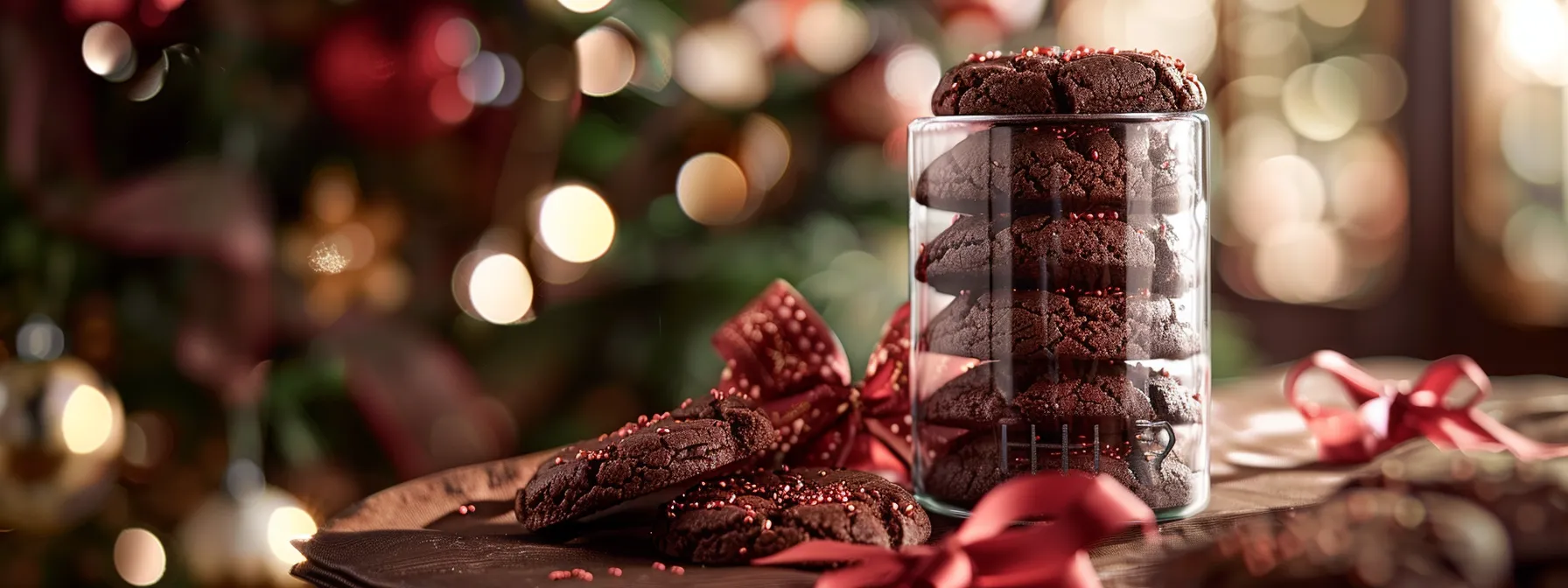 a close-up photo of stacked homemade chocolate cookies in a clear airtight container, surrounded by festive ribbons and tags for gifting.