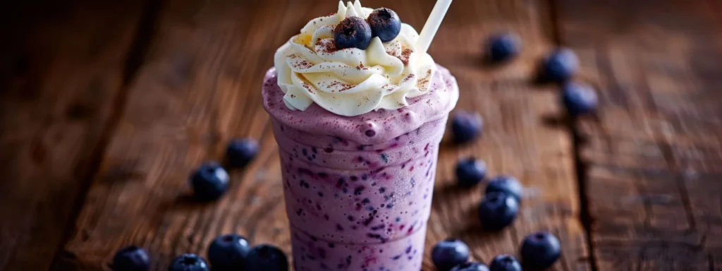 a mouthwatering blueberry muffin frappuccino topped with whipped cream and fresh blueberries sitting on a rustic wooden table with a straw sticking out of the creamy beverage.