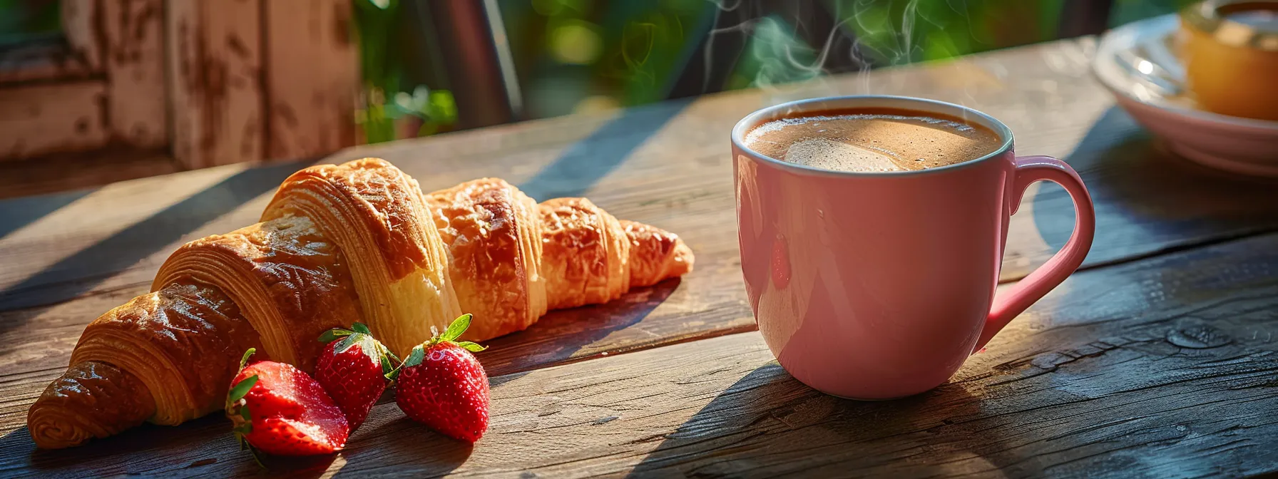 a steaming mug of vibrant strawberry mocha sits next to a freshly baked croissant on a cozy wooden table, creating a mouthwatering and inviting coffee-drinking experience.