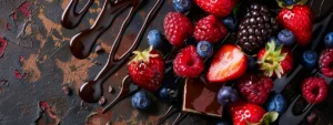 a luscious vegan cheesecake topped with vibrant fresh berries and a drizzle of decadent chocolate sauce.