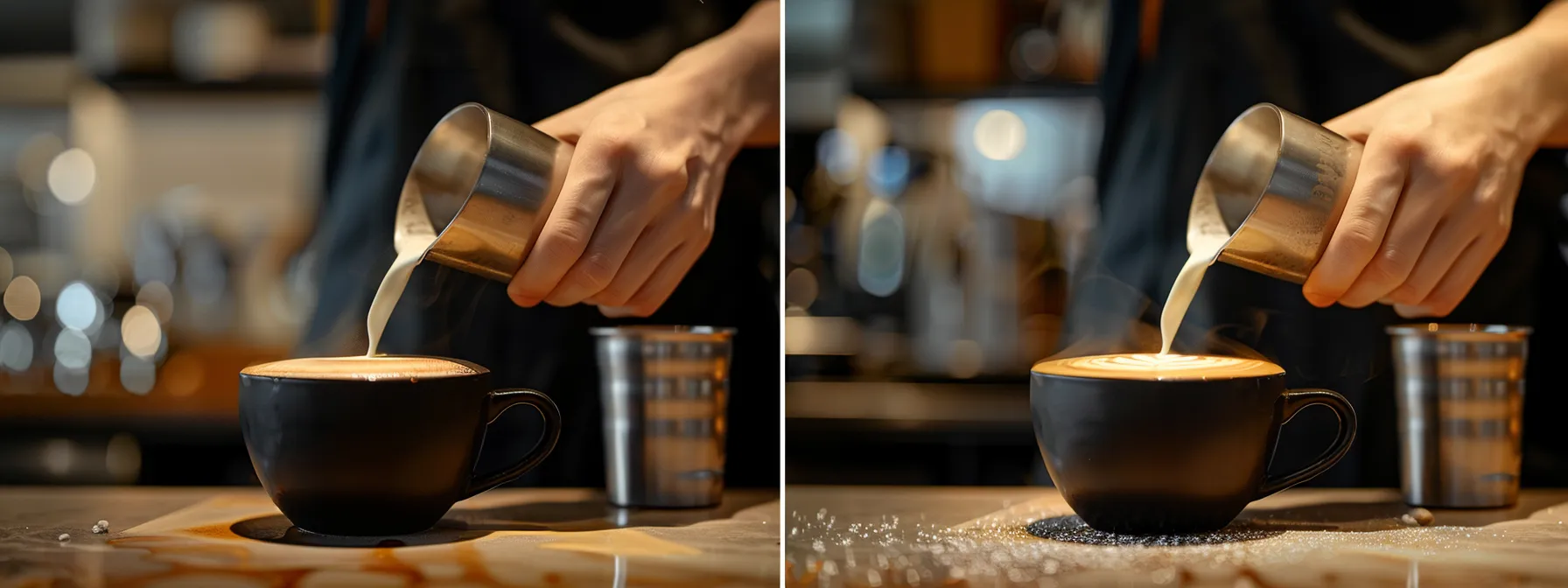 a barista expertly pouring steamed milk into a cup, seamlessly creating intricate latte art designs with precision and skill.