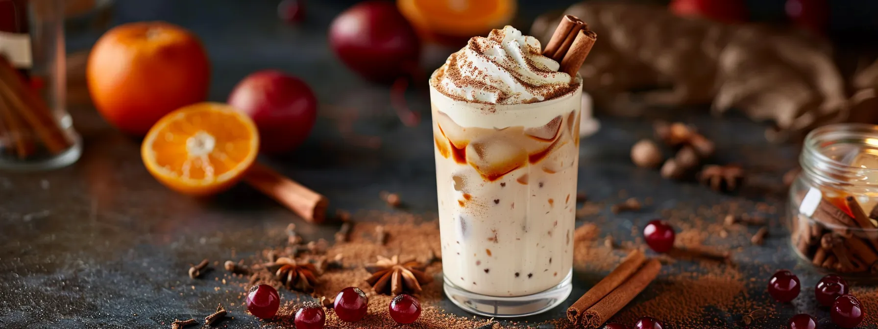 a refreshing iced dirty chai latte topped with cinnamon and nutmeg, surrounded by vibrant seasonal fruits and aromatic spices.