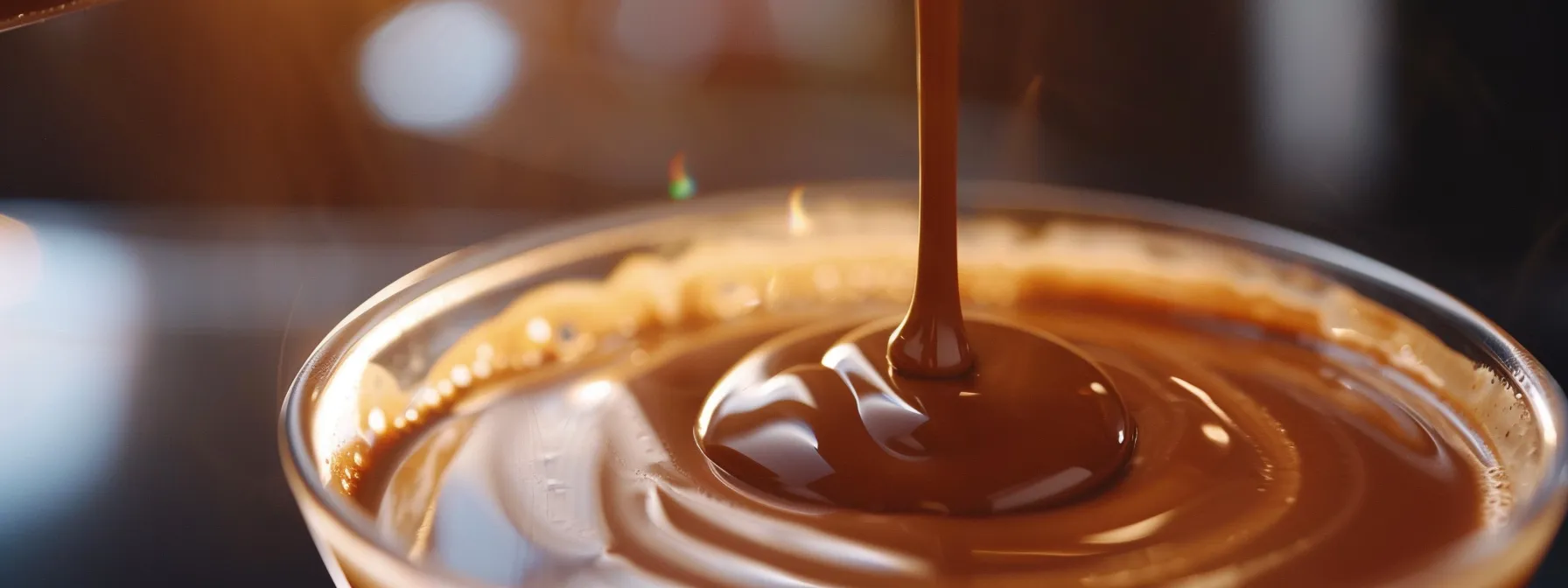 a close-up shot of a rich, creamy chocolate sauce being poured into a glass of freshly brewed espresso, creating the perfect chocolate latte.