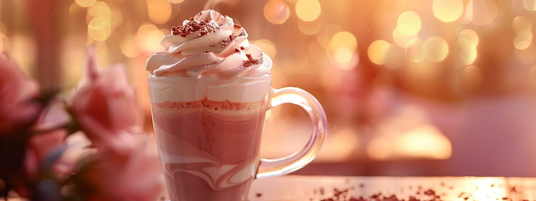 a glass mug filled with swirls of creamy pink strawberry mocha topped with a dollop of whipped cream and a sprinkle of chocolate shavings.