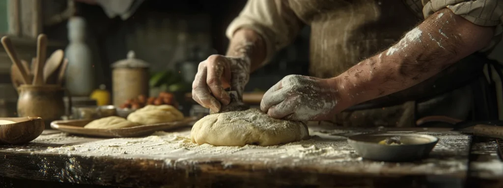 a baker expertly kneading a fluffy, golden dough in a rustic kitchen setting.