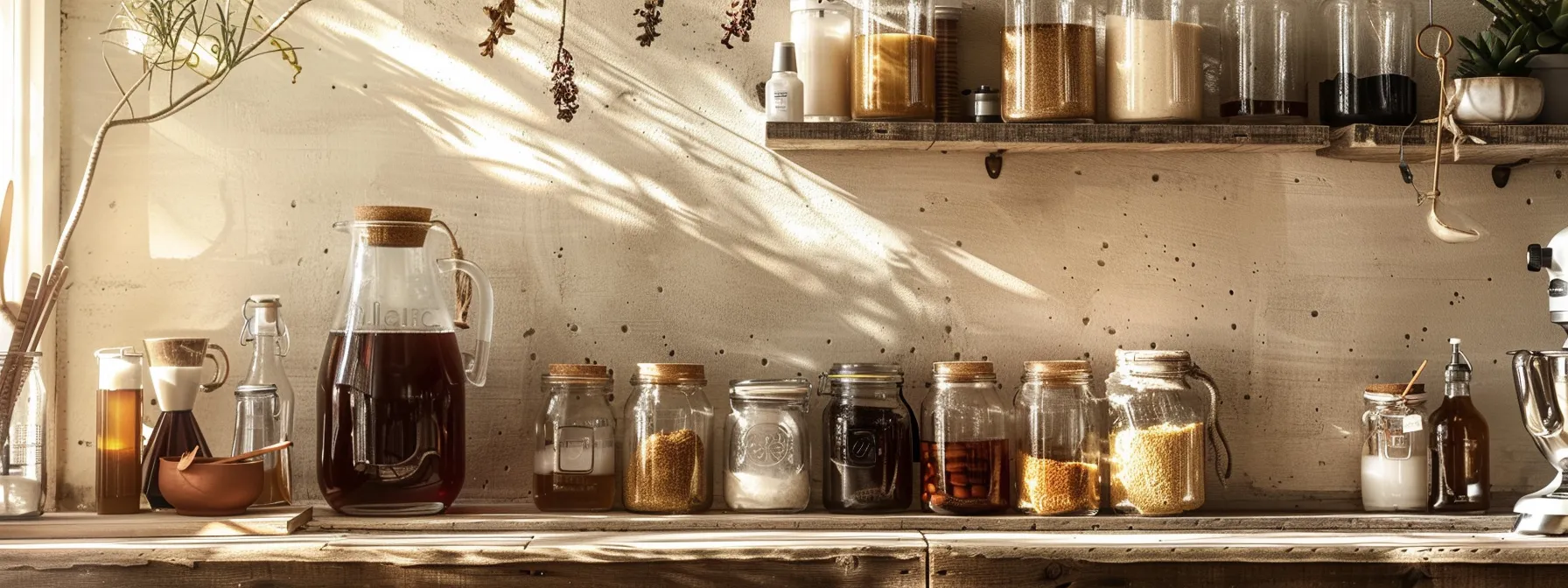 a rustic kitchen counter adorned with jars of various sweeteners, a pitcher of coffee, and a group of friends eagerly learning how to make brown sugar iced coffee.