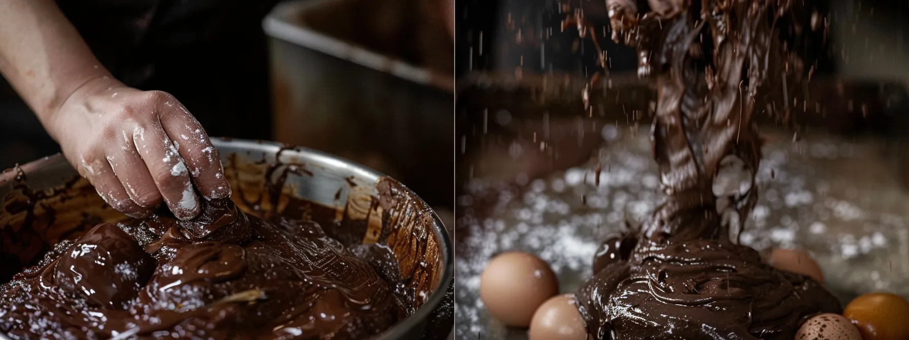 a baker gently folding whipped eggs into rich chocolate batter, creating a light and airy texture for the perfect cake.