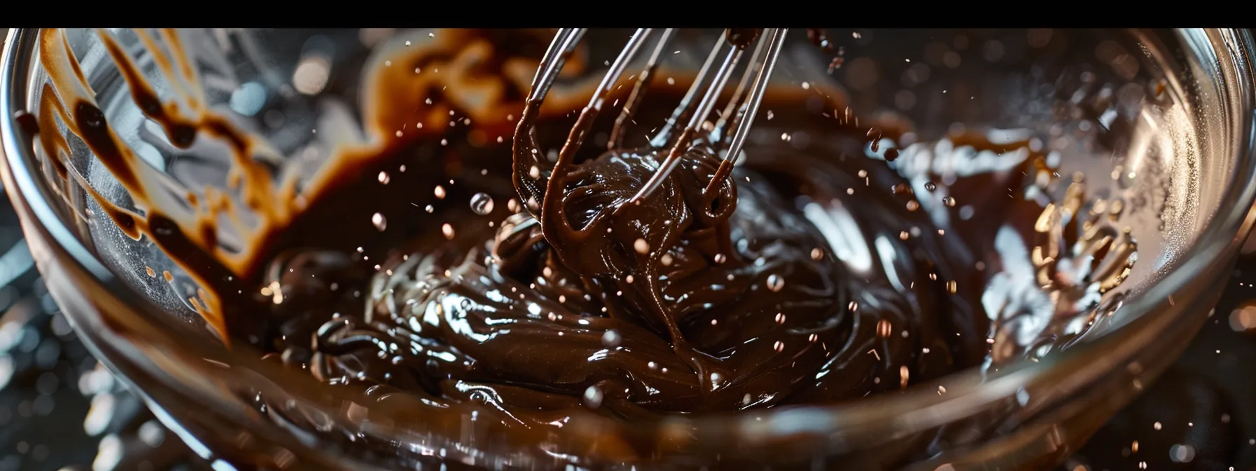 a whisk swirling through a velvety chocolate batter in a glass mixing bowl, creating a smooth and glossy texture for a decadent cake.