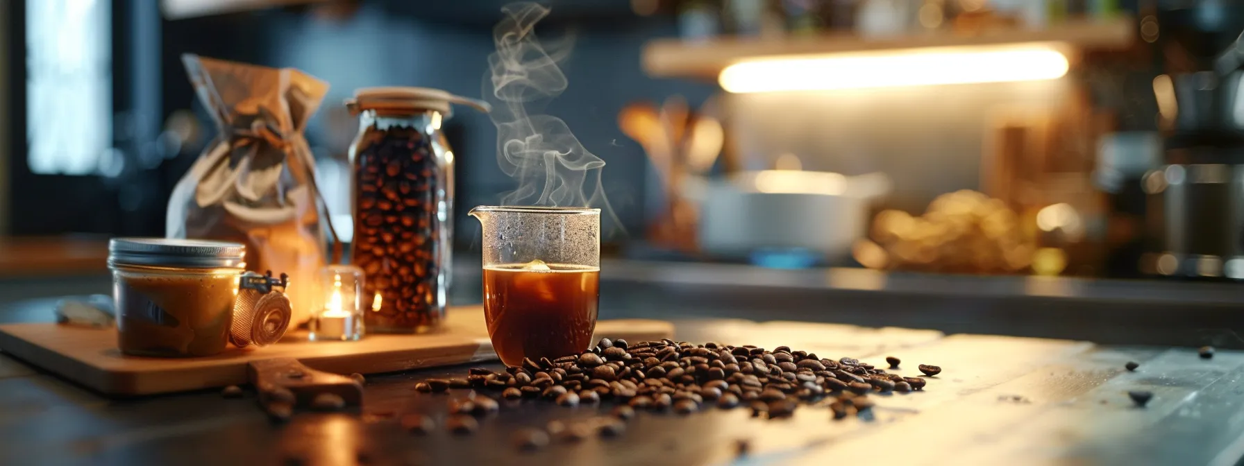 a rustic kitchen counter with a steaming cup of rich caramel mocha surrounded by a bag of premium coffee beans, a jar of caramel sauce, and a sprinkle of sea salt.