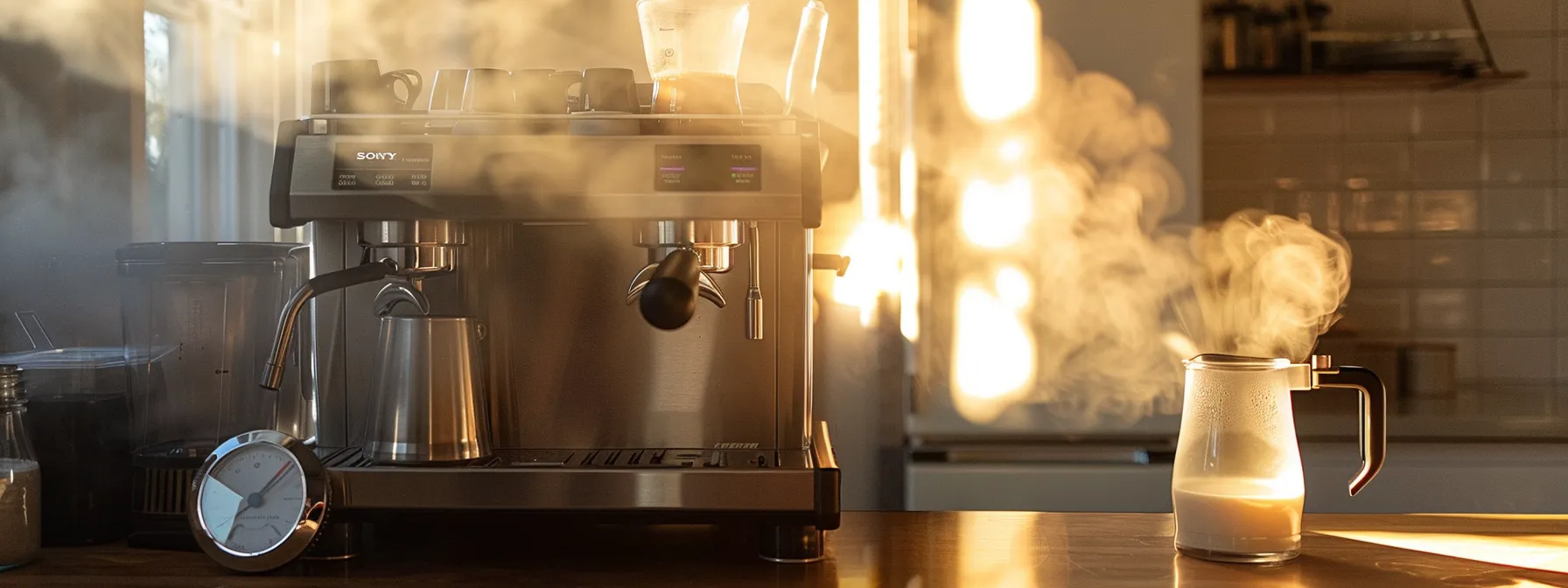 a sleek espresso machine steaming milk in a stainless steel pitcher, with a thermometer and frother nearby for creating perfect latte art.