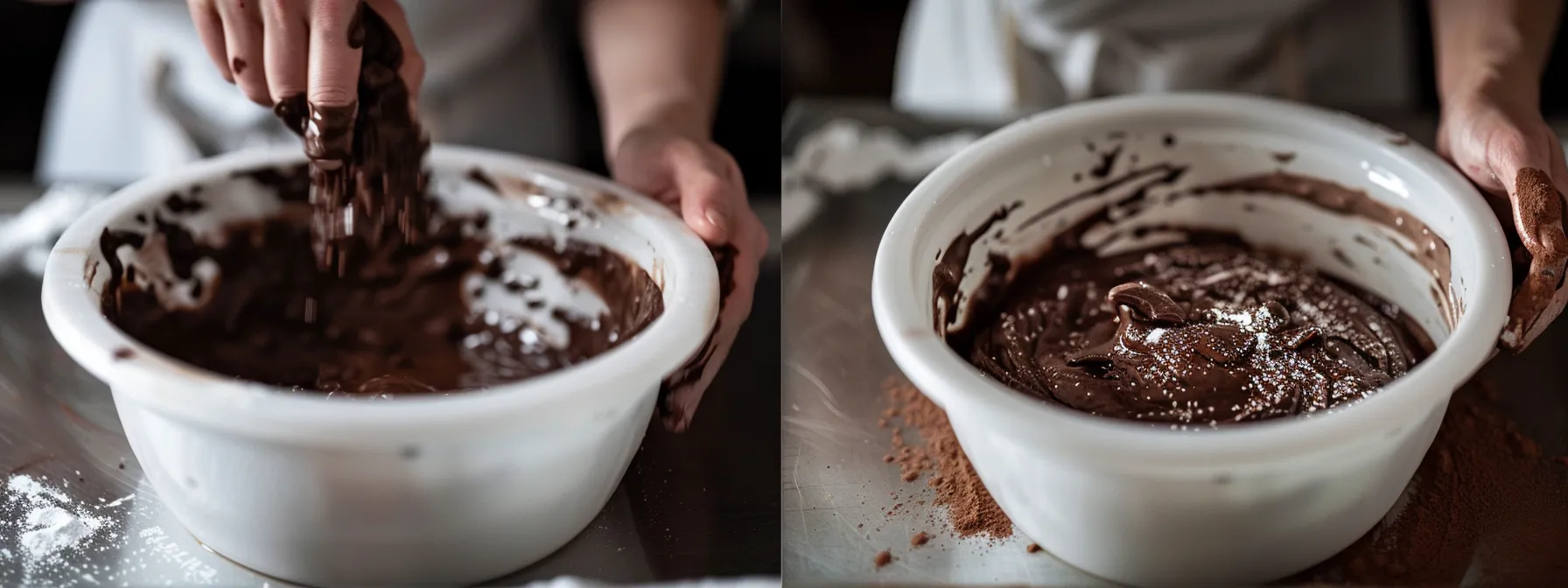 a chef carefully blending ingredients in a pristine white mixing bowl, creating a perfectly smooth batter for a delicious chocolate cake.