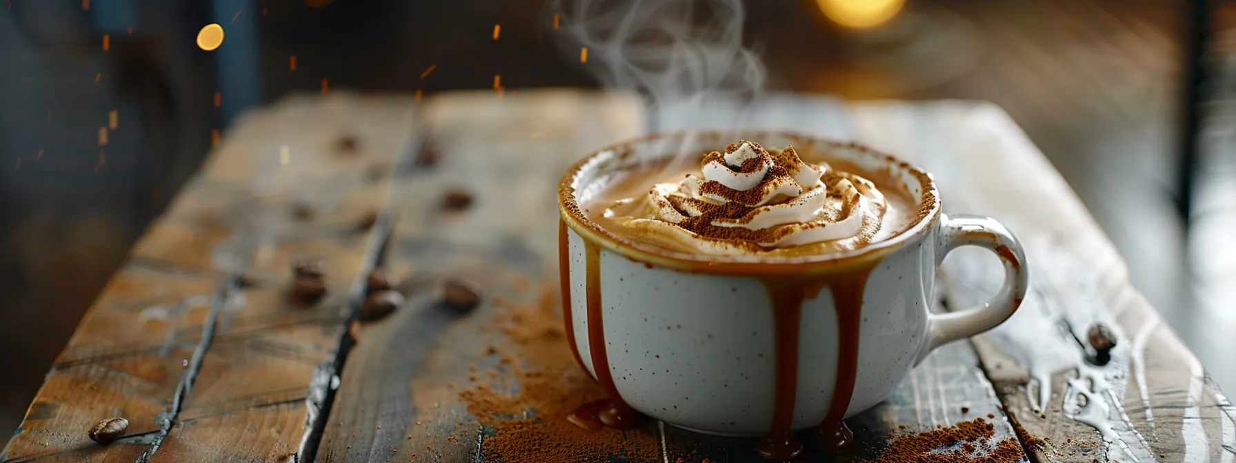 a steaming cup of rich caramel mocha adorned with a drizzle of caramel sauce and a sprinkle of cocoa powder on a rustic wooden table.