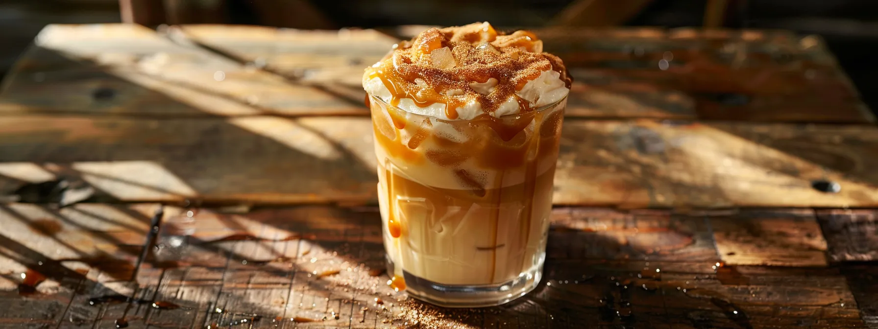 a glass filled with iced coffee, topped with a caramel-like brown sugar drizzle, sitting on a rustic wooden table.