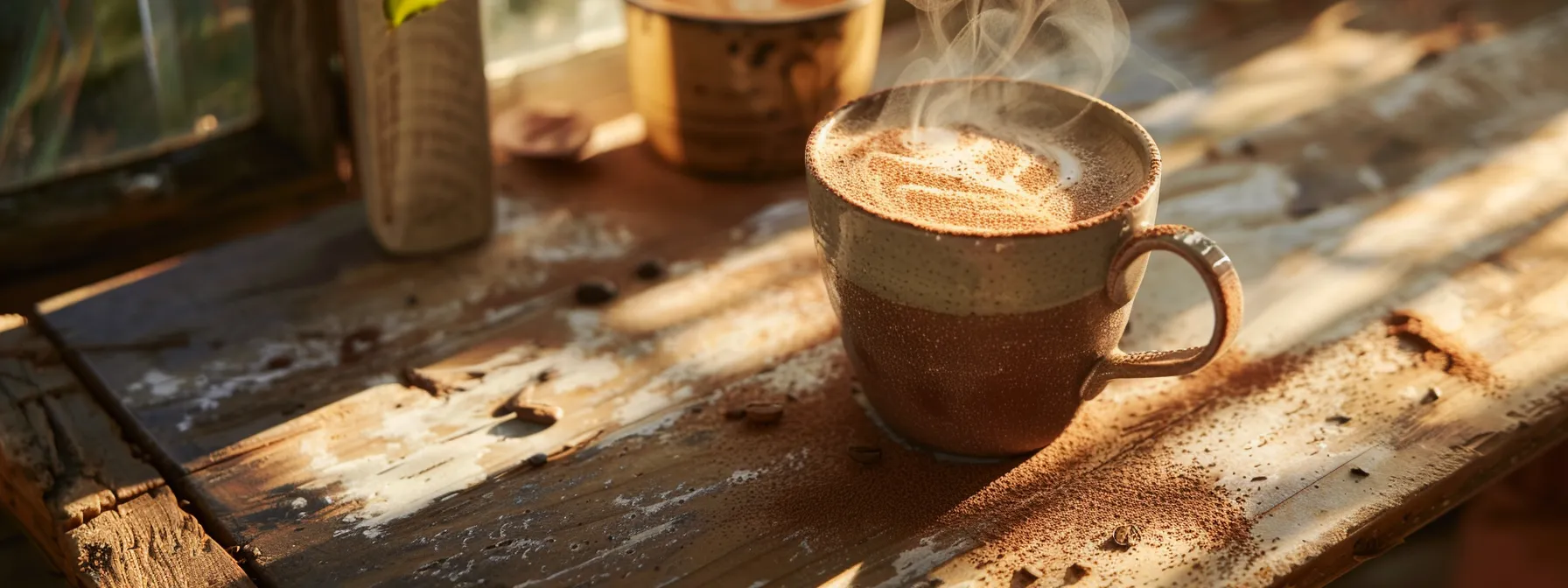 a steaming chocolate latte topped with frothy milk in a rustic ceramic mug on a wooden table, surrounded by a soft morning light.