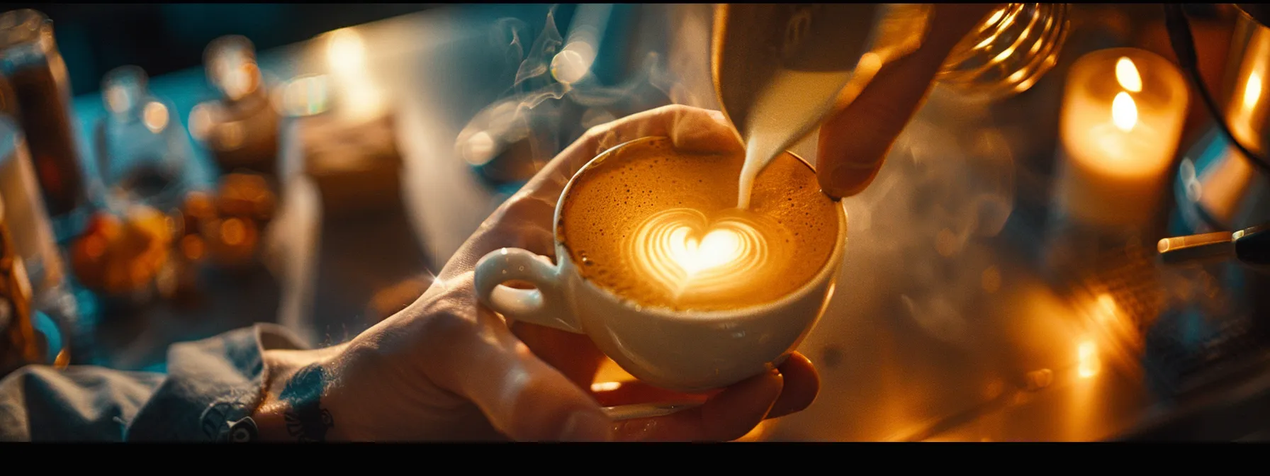 a barista expertly pours steamed milk into espresso to create a perfect heart-shaped latte art design, showcasing mastery of the craft.