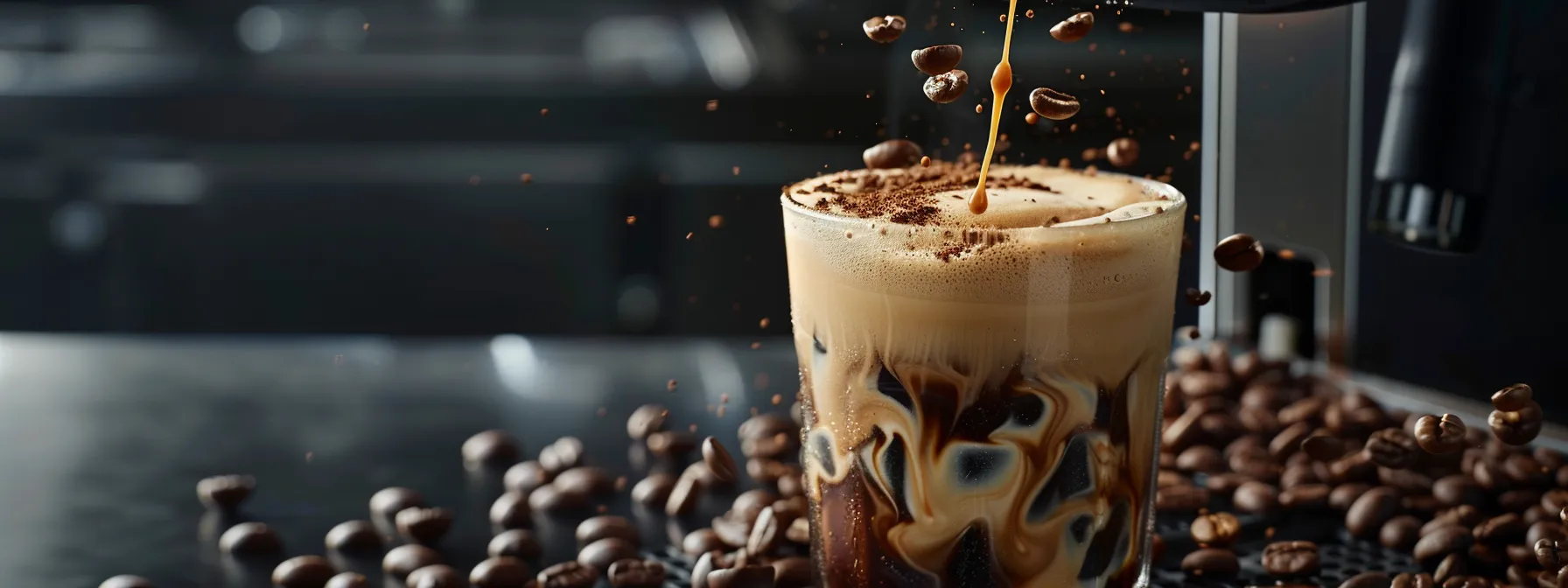 a sleek espresso machine dripping cold espresso into a frosty glass, garnished with chocolate chips and a foam swirl.