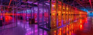 a futuristic, high-tech data center filled with servers and glowing lights, representing the competition between aws and gcp.