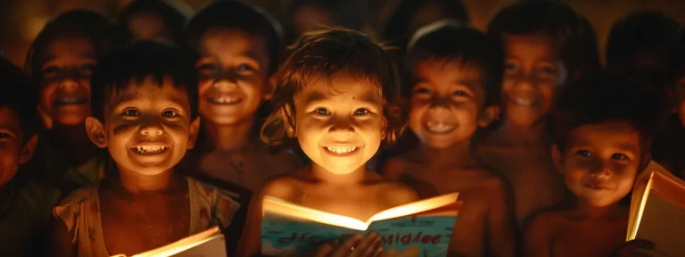 a group of children from underprivileged communities smiling as they receive new books and school supplies from ed mylett, their faces glowing with gratitude and hope.