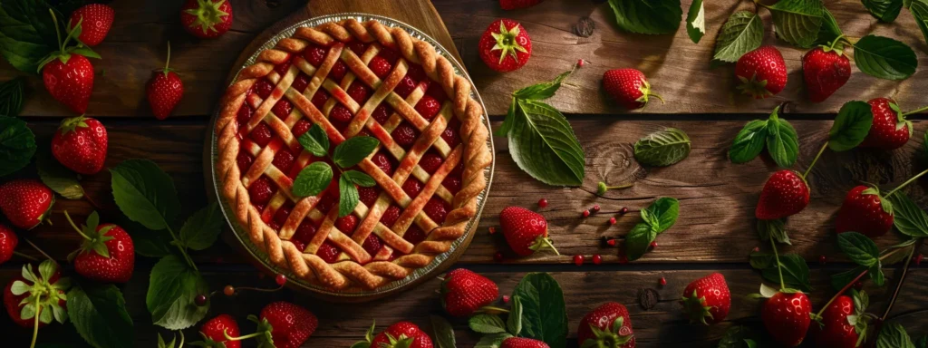 a tempting, vibrant red strawberry pie topped with a golden lattice crust, set on a rustic wooden table surrounded by fresh strawberries and mint leaves.