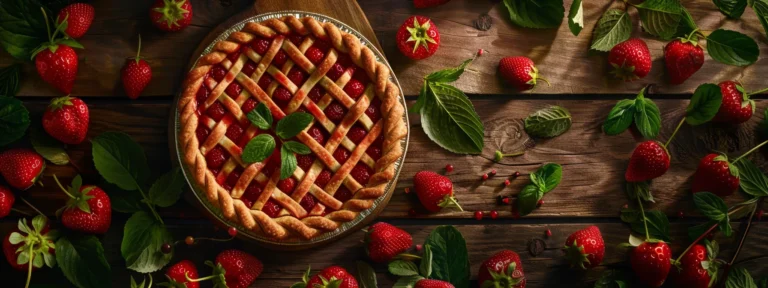 a tempting, vibrant red strawberry pie topped with a golden lattice crust, set on a rustic wooden table surrounded by fresh strawberries and mint leaves.